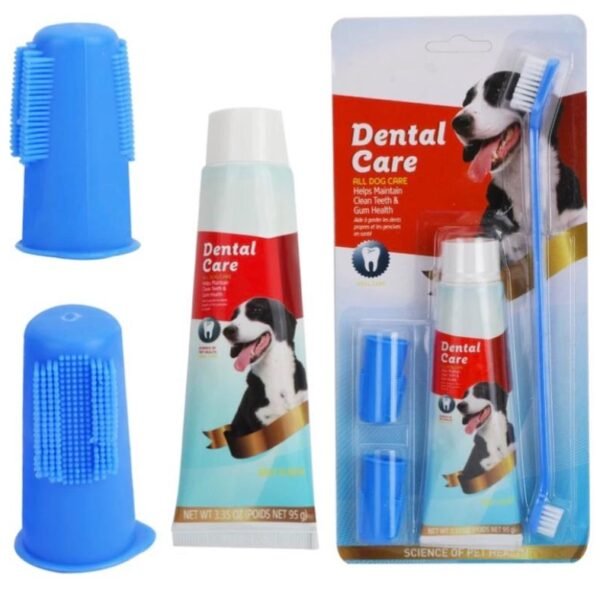 Dog dental care set: Double-headed toothbrush with toothpaste.